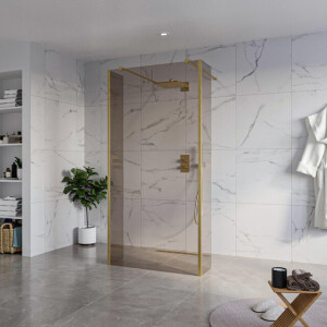 Fortifura Galeria Vrijstaande Inloopdouche - 100x200cm - Rookglas - antikalk - 8mm veiligheidsglas - 2 zijwanden 30cm - wandsteunen en hoekprofielen - Geborsteld Messing PVD (Goud) SW927770 2x/SW797940/SW797930 2x/SW798731 2x