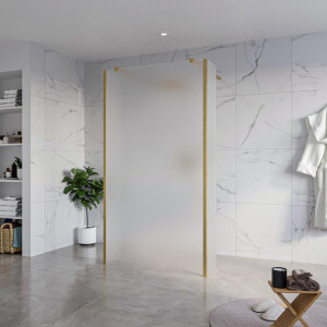 Fortifura Galeria Vrijstaande Inloopdouche - 110x200cm - Glas mat - antikalk - 8mm veiligheidsglas - 2 zijwanden 40cm - wandsteunen en hoekprofielen - Geborsteld Messing PVD (Goud) SW927770 2x/SW915251/SW797921 2x/SW798731 2x