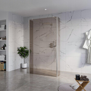 Fortifura Galeria Vrijstaande Inloopdouche - 110x200cm - Rookglas - antikalk - 8mm veiligheidsglas - 2 zijwanden 30cm - wandsteunen en hoekprofielen - Geborsteld RVS PVD (RVS) SW927769 2x/SW915252/SW797930 2x/SW798730 2x