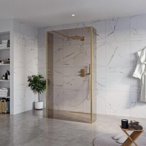 Fortifura Galeria Vrijstaande Inloopdouche - 110x200cm - Rookglas - antikalk - 8mm veiligheidsglas - 2 zijwanden 30cm - wandsteunen en hoekprofielen - Geborsteld Messing PVD (Goud) SW927770 2x/SW915252/SW797930 2x/SW798731 2x