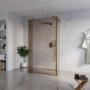 Fortifura Galeria Vrijstaande Inloopdouche - 110x200cm - Rookglas - antikalk - 8mm veiligheidsglas - 2 zijwanden 30cm - wandsteunen en hoekprofielen - Geborsteld koper PVD (Koper) SW927772 2x/SW915252/SW797930 2x/SW876703 2x