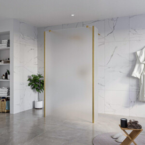 Fortifura Galeria Vrijstaande Inloopdouche - 120x200cm - Glas mat - antikalk - 8mm veiligheidsglas - 2 zijwanden 30cm - wandsteunen en hoekprofielen - Geborsteld Messing PVD (Goud) SW927770 2x/SW797928/SW797931 2x/SW798731 2x