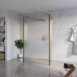 Fortifura Galeria Vrijstaande Inloopdouche - 120x200cm - Helder geribbeld - antikalk - 8mm veiligheidsglas - 2 zijwanden 30cm - wandsteunen en hoekprofielen - Geborsteld koper PVD (Koper) SW927772 2x/SW797953/SW797945 2x/SW876703 2x