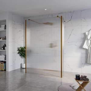 Fortifura Galeria Vrijstaande Inloopdouche - 140x200cm - Helder geribbeld - antikalk - 8mm veiligheidsglas - 2 zijwanden 40cm - wandsteunen en hoekprofielen - Geborsteld koper PVD (Koper) SW927772 2x/SW797954/SW797948 2x/SW876703 2x