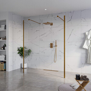 Fortifura Galeria Vrijstaande Inloopdouche - 160x200cm - Helder - antikalk - 8mm veiligheidsglas - 2 zijwanden 40cm - wandsteunen en hoekprofielen - Geborsteld koper PVD (Koper) SW927772 2x/SW797918/SW797911 2x/SW876703 2x