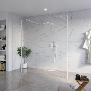Fortifura Galeria Vrijstaande Inloopdouche - 180x200cm - Helder - antikalk - 8mm veiligheidsglas - 2 zijwanden 30cm - wandsteunen en hoekprofielen - Wit mat SW927768 2x/SW797920/SW797909 2x/SW541264 2x