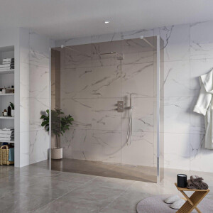 Fortifura Galeria Vrijstaande Inloopdouche - 180x200cm - Rookglas - antikalk - 8mm veiligheidsglas - 2 zijwanden 30cm - wandsteunen en hoekprofielen - Chroom SW927766 2x/SW797943/SW797930 2x/SW358024 2x