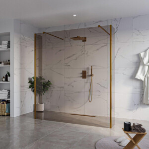 Fortifura Galeria Vrijstaande Inloopdouche - 180x200cm - Rookglas - antikalk - 8mm veiligheidsglas - 2 zijwanden 30cm - wandsteunen en hoekprofielen - Geborsteld koper PVD (Koper) SW927772 2x/SW797943/SW797930 2x/SW876703 2x