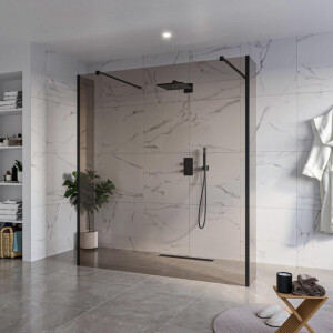 Fortifura Galeria Vrijstaande Inloopdouche - 180x200cm - Rookglas - antikalk - 8mm veiligheidsglas - 2 zijwanden 30cm - wandsteunen en hoekprofielen - Zwart mat SW927767 2x/SW797943/SW797930 2x/SW358025 2x