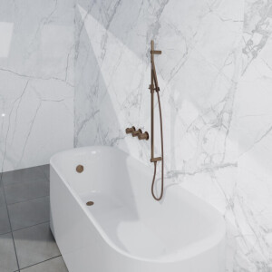 Fortifura Nebbio Badcombinatie-set - thermostaatkraan - inbouwdeel - glijstang - metalen doucheslang - staaf handdouche - badafvoer opbouw - geborsteld koper PVD (koper) SW1183069 SW1111533 SW970048 SW970046 SW1108811 SW