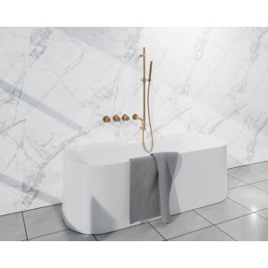 Fortifura Nebbio Badcombinatie-set - thermostaatkraan - inbouwdeel - glijstang - metalen doucheslang - staaf handdouche - uitbreiding inbouwdeel - uitloop - geborsteld messing PVD (goud) SW1183067 SW1111531 SW706206 SW720570 SW1183076 SW