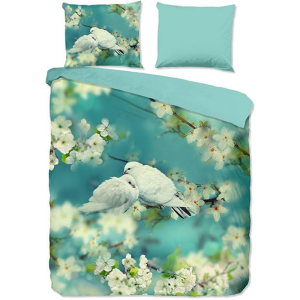Dekbedovertrek Katoen - Lovebirds - Eenpersoons (140x200 Cm) - Meerkleurig & Blauw Katoen - Natuur & Dieren & Bloemen - Good Morning - Dekbed-Discounter.nl