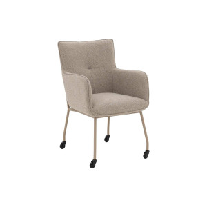 Goossens Eetkamerstoel Trullo bruin stof met armleuning en met wielenmet zwarte skater wielen,