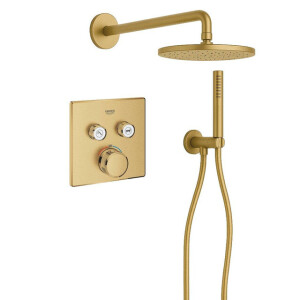 Grohe Adema Rise Regendoucheset - vierkant - wandaansluitbocht met handdouchehouder - gladde doucheslang - staafhanddouche - wandarm - 25cm hoofddouche - Grohe SmartControl inbouwthermostaat - brushed cool sunrise SW482061/SW1244354/SW105953