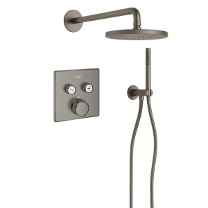 Grohe Adema Rise Regendoucheset - vierkant - wandaansluitbocht met handdouchehouder - gladde doucheslang - staafhanddouche - wandarm - 25cm hoofddouche - Grohe SmartControl inbouwthermostaat - brushed hard graphite SW439127/SW1244355/SW105953