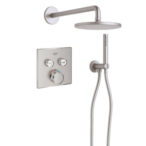 Grohe Adema Rise Regendoucheset - vierkant - wandaansluitbocht met handdouchehouder - gladde doucheslang - staafhanddouche - wandarm - 25cm hoofddouche - Grohe SmartControl inbouwthermostaat - chroom SW1244351/SW104922/SW105953