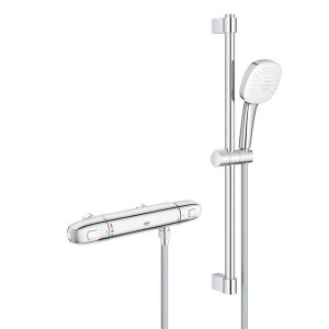 GROHE Grohtherm 1000 Doucheset - thermostatische douchekraan - HOH=12cm - met glijstangset - 60cm - vierkante handdouche - 2 straalsoorten - gladde doucheslang - chroom 34822005