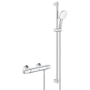 GROHE Grohtherm 1000 Doucheset - thermostatische douchekraan - met glijstangset - 90cm - vierkante handdouche - 3 straalsoorten - gladde doucheslang - chroom 34824005