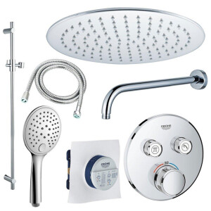 Grohe - Adema Rise Regendoucheset - Inbouw - 2 functies - met Adema Rise hoofddouche 30cm - ronde handdouche - wandarm - glijstang 90 cm - Grohe Grohtherm inbouwthermostaat - chroom sw105953 SW104917  SW696252 SW496814 SW767373 SW76