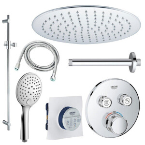 Grohe - Adema Rise Regendoucheset - Inbouw - 2 functies - met Adema Rise hoofddouche 30cm - ronde handdouche - plafondarm - glijstang 90 cm - Grohe Grohtherm inbouwthermostaat - chroom sw105953 SW104917  SW696252 SW496814 SW767373 SW76