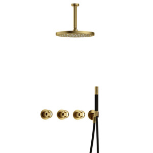 Hotbath Cobber IBSW70 Regendoucheset inbouw - 15cm plafondarm - 30cm ronde hoofddouche - staafhanddouche - Geborsteld messing PVD IBSW70BBP25