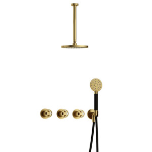 Hotbath Cobber IBSW70 Regendoucheset inbouw - 30cm plafondarm - 20cm ronde hoofddouche - 3 standen handdouche - Geborsteld messing PVD IBSW70BBP13