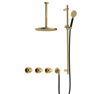 Hotbath Cobber IBSW70 Regendoucheset inbouw - 30cm plafondarm - 20cm ronde hoofddouche - 3 standen handdouche - glijstang - Geborsteld messing PVD IBSW70BBP137