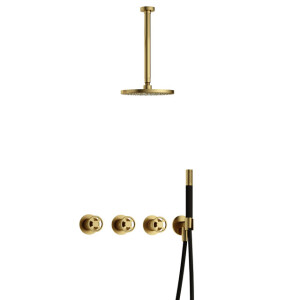 Hotbath Cobber IBSW70 Regendoucheset inbouw - 30cm plafondarm - 20cm ronde hoofddouche - staafhanddouche - Geborsteld messing PVD IBSW70BBP3