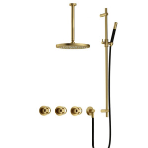 Hotbath Cobber IBSW70 Regendoucheset inbouw - 30cm plafondarm - 30cm ronde hoofddouche - staafhanddouche - glijstang - Geborsteld messing PVD IBSW70BBP357