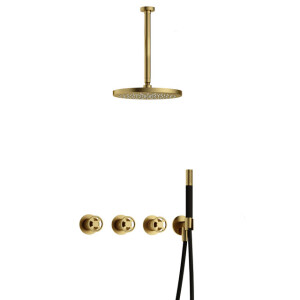 Hotbath Cobber IBSW70 Regendoucheset inbouw - 30cm plafondarm - 30cm ronde hoofddouche - staafhanddouche - Geborsteld messing PVD IBSW70BBP35