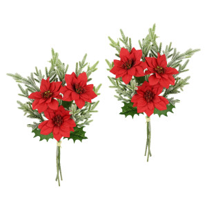 I.GE.A. Boeket kunstbloemen Boeket poinsettia/dennentakken set van 2 kerstdecoratie kerstbloem boeketten decoratieve bloemen kerstster (2 stuks)