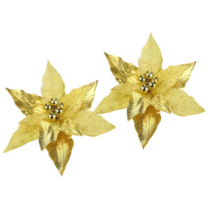 I.GE.A. Decoratieve hanger Poinsettia op clip 2-delige set 28cm kunst kerstster gouden kerstbloem (2 stuks)