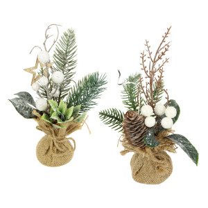 I.GE.A. Kunstkerstboom Kunstplant kerststuk in jute zak set van 2 kerstdecoratie dennen takken bessen kegels ster kunstbloemen (2 stuks)