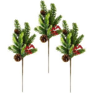 I.GE.A. Winterse kunstplant Kunsttak, kerstdecoratie met echte kegels en bessen, 3-delige set, groen, rood, natuur (set, 3 stuks)