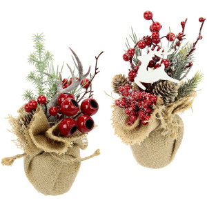 I.GE.A. Winterse kunstplant Weihnachtsgesteck in Jute, Weihnachtsdeko im 2er Set(set, 2 stuks)