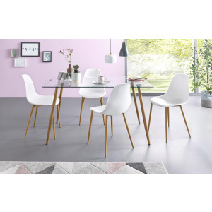 INOSIGN Eethoek MILLER Hoekige glazen tafel met 4 stoelen (kunststof kuipzitting) (set, 5-delig)