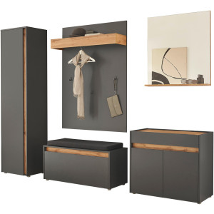 INOSIGN Halmeubelset GIRON/ CiTY, Garderobe in Wotan Eik, moderne garderobekast bevat kast, commode, spiegel, paneel & schoenenbank + zitkussen (complete set, 5-delig)