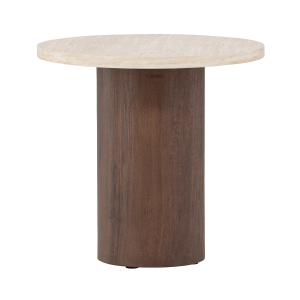 Jente ronde houten bijzettafel donkerbruin met travertine tafelblad- Ø 50 cm