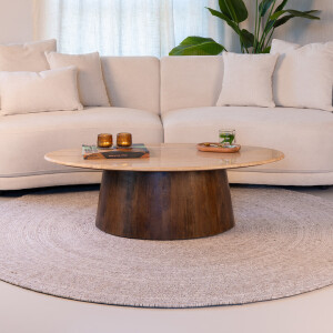 Livingfurn Ovale Salontafel 'Valentino' Mangohout en Travertin, 120 x 65cm