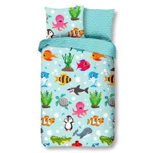 Kinderdekbedovertrek Katoen - 140x200 Cm Blauw & Meerkleurig - Natuur & Dieren & Stippen - Good Morning - Dekbed-Discounter.nl