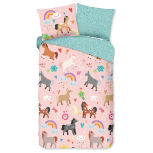 Kinderdekbedovertrek Katoen - 140x200 Cm Roze & Meerkleurig - Natuur & Dieren & Stippen - Good Morning - Dekbed-Discounter.nl