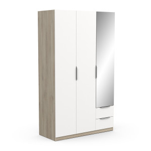 Kledingkast Ghost 3 deuren/2 laden en spiegel 120x203 cm eiken met wit