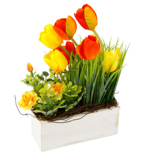 my home Takken Tulpen wilde rozen en gras In pot, van hout, bloemdecoratie (1 stuk)