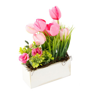 my home Takken Tulpen wilde rozen en gras In pot, van hout, bloemdecoratie (1 stuk)