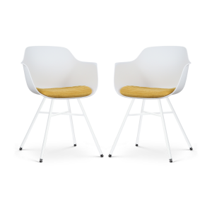 Noa-Liz eetkamerstoel wit met okergeel zitkussen - wit onderstel - set van 2
