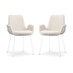 Nora-Eef eetkamerstoel bouclé beige - wit onderstel - set van 2