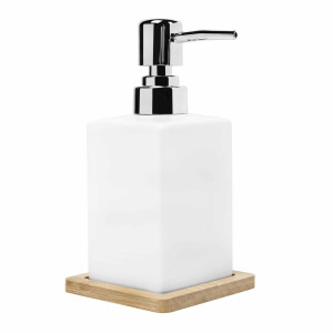 QUVIO Zeepdispenser met houten onderzetter - 6,5 x 6,5 x 15 cm - Wit