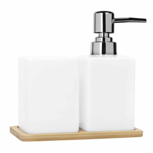 QUVIO Zeepdispenser met tandenborstelbeker + houten onderzetter - Wit