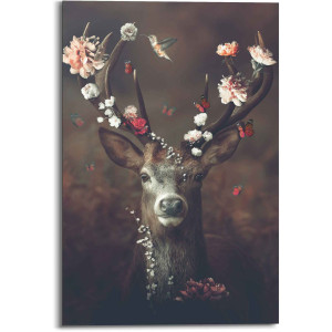 Reinders! Artprint Edelhert romantisch - kolibrie - vlinder - bloemenkrans
