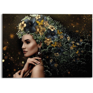 Reinders! Print op glas Artprint op glas elegante vrouw bloemen - feestelijk - vlinder - elegantie